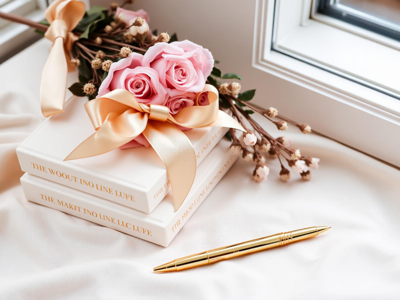 Ivory hardcover books tied with a champagne satin bow, dried pink roses and a gold fountain pen.