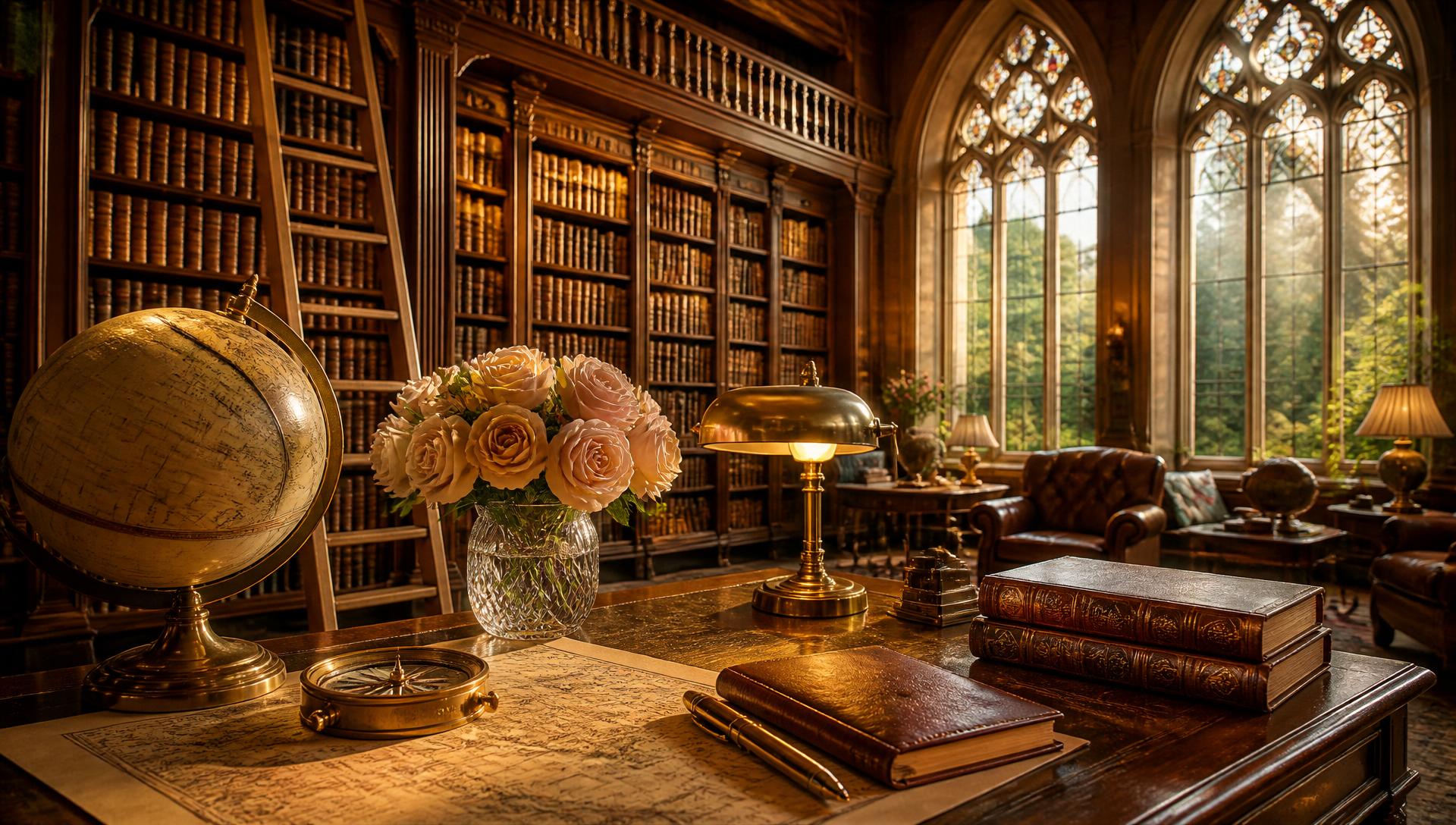 A grand two-storey private library flooded with soft morning daylight — floor-to-ceiling mahogany bookshelves, a brass mezzanine gallery and rolling ladder, arched garden windows, an antique writing desk with brass lamp, opened world atlas, brass compass, leather journal and a crystal vase of pale pink roses.