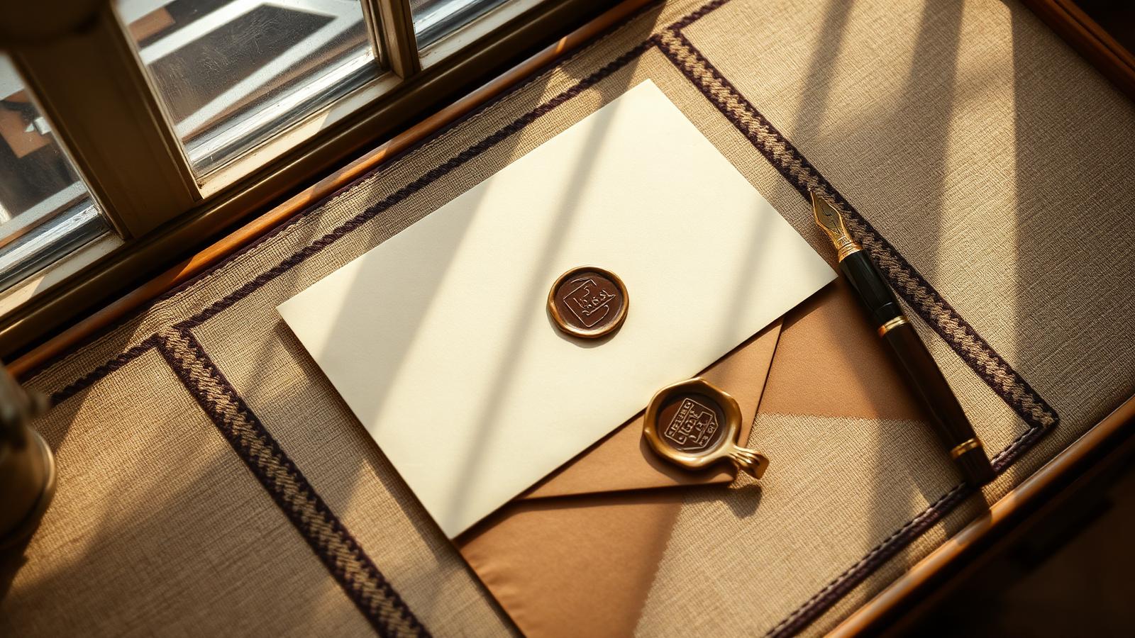 Ivory letter with a brass fountain pen and wax seal on a writing desk.